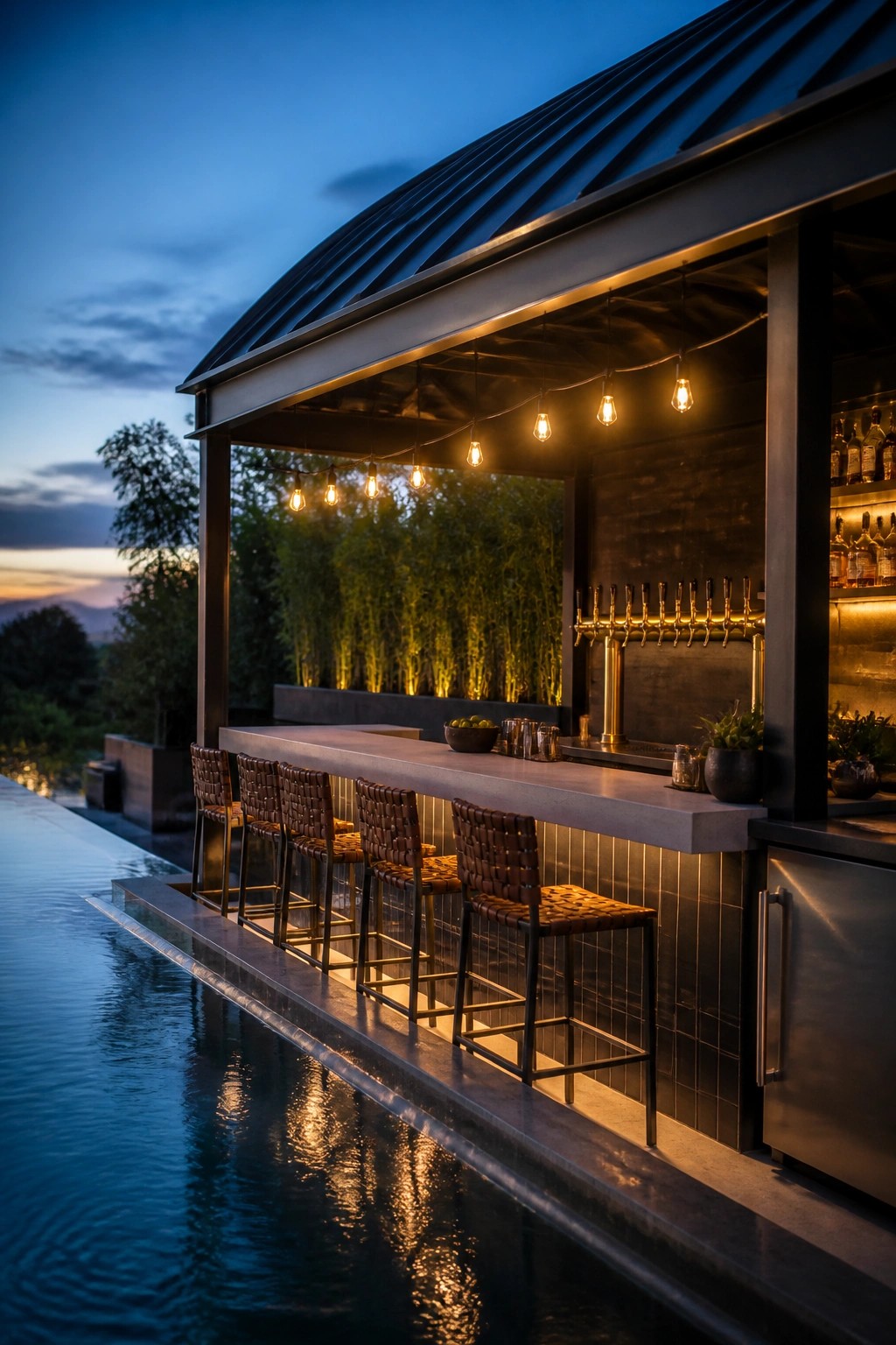 Outdoor covered bar area with woven stools along a concrete counter next to a pool at dusk, with string lights overhead and bottles on shelves.