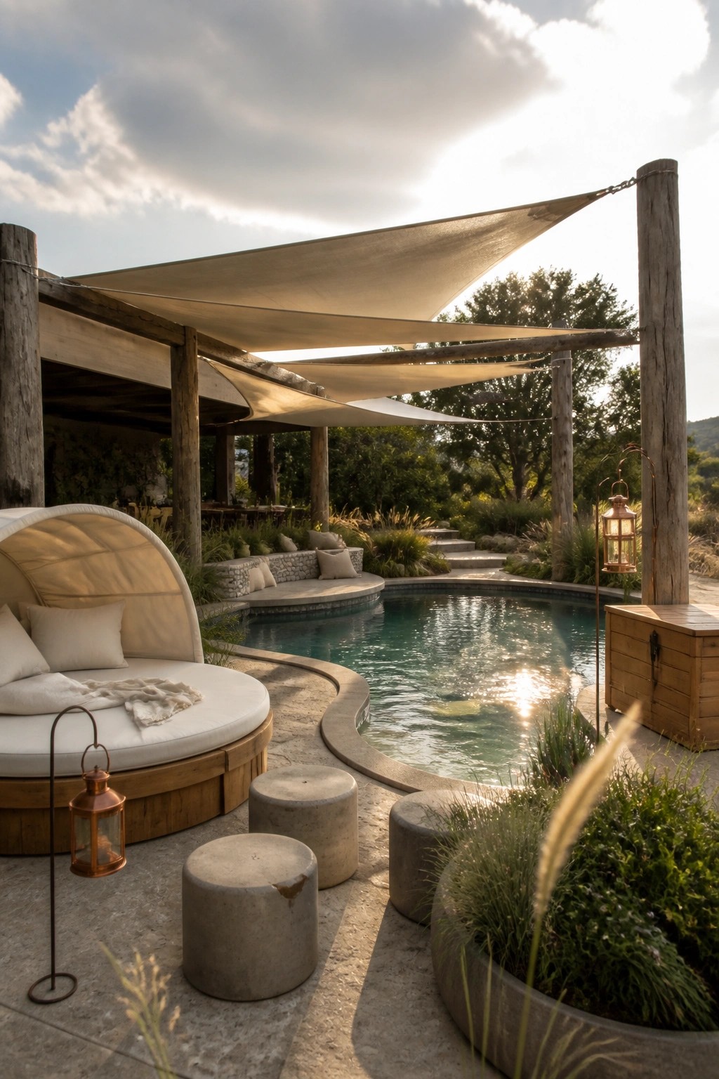 An outdoor pool area with multiple overlapping fabric shade sails hung from wooden posts, a round daybed, concrete stools, and lanterns near the water.