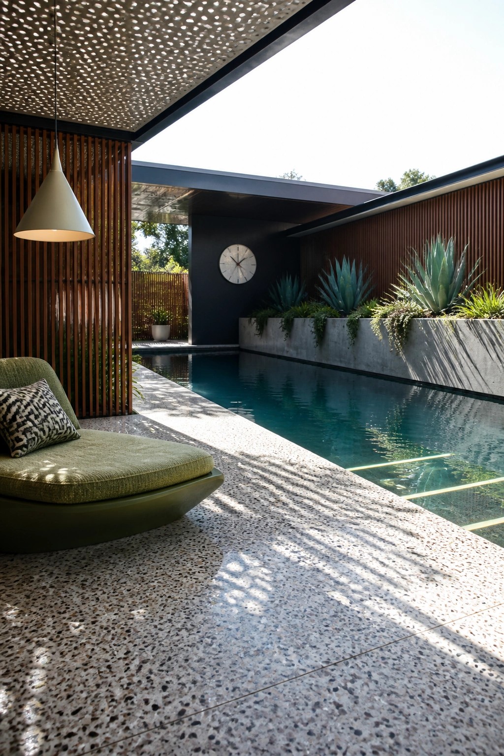 An outdoor pool area with a green lounge chair beneath a perforated ceiling, next to a long swimming pool lined with concrete planters holding agave plants.
