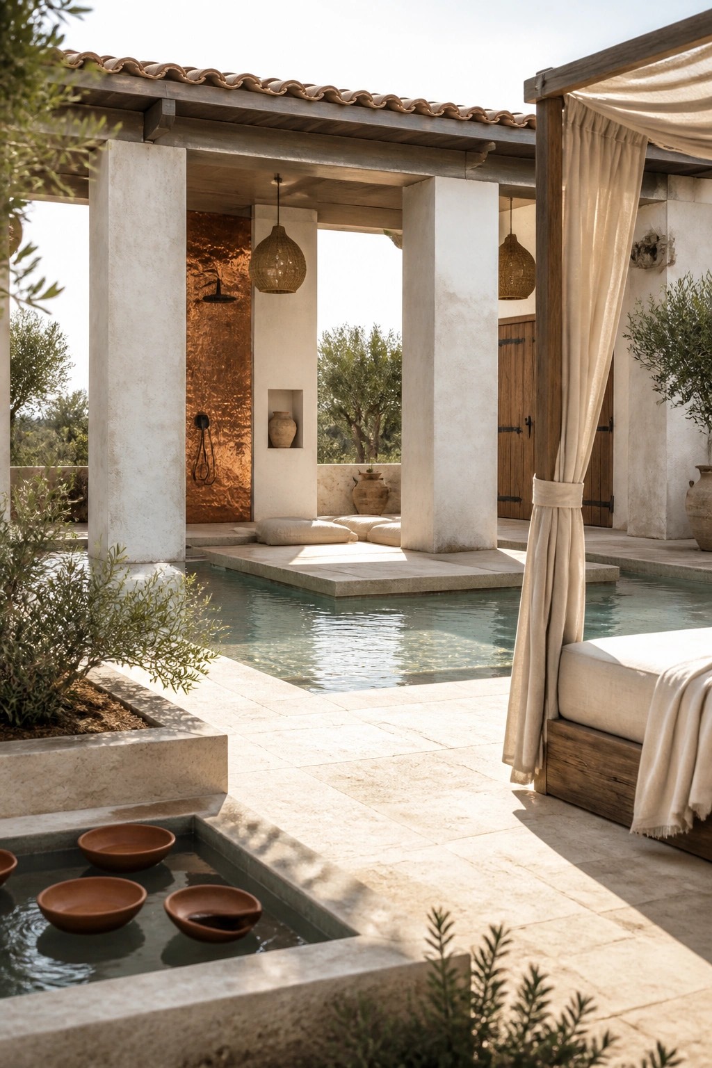 Luxurious Mediterranean poolside patio with stone columns, canopy bed, woven lanterns, and copper shower.