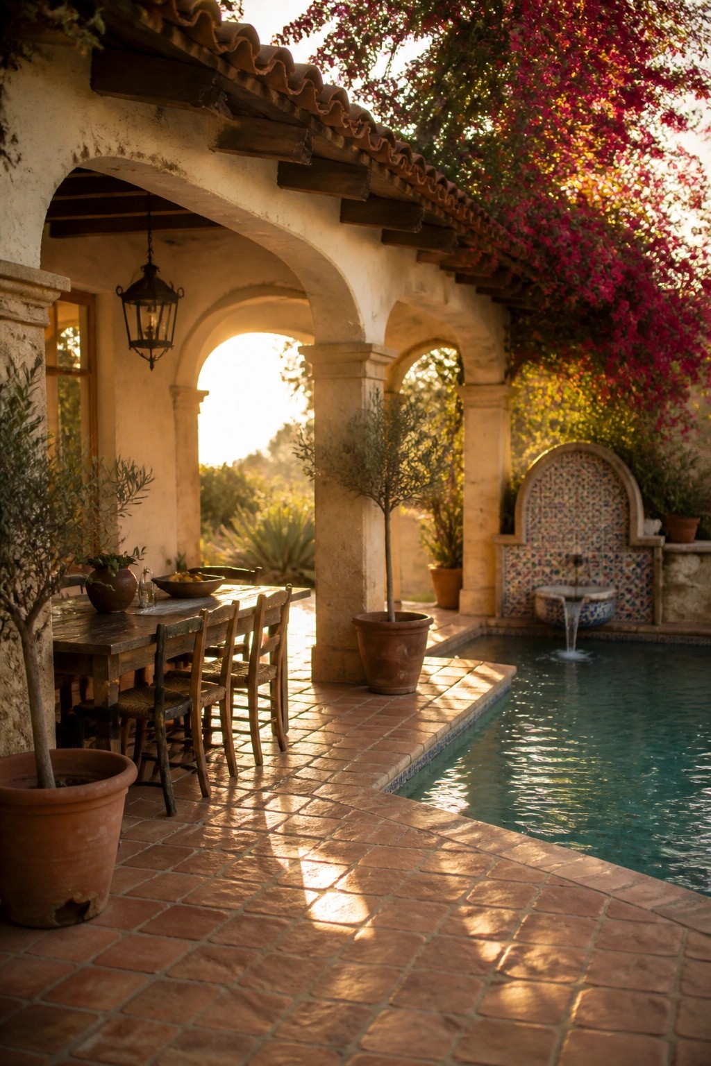 Sunlit arched courtyard with wooden dining table, pool, mosaic fountain, and bougainvillea.