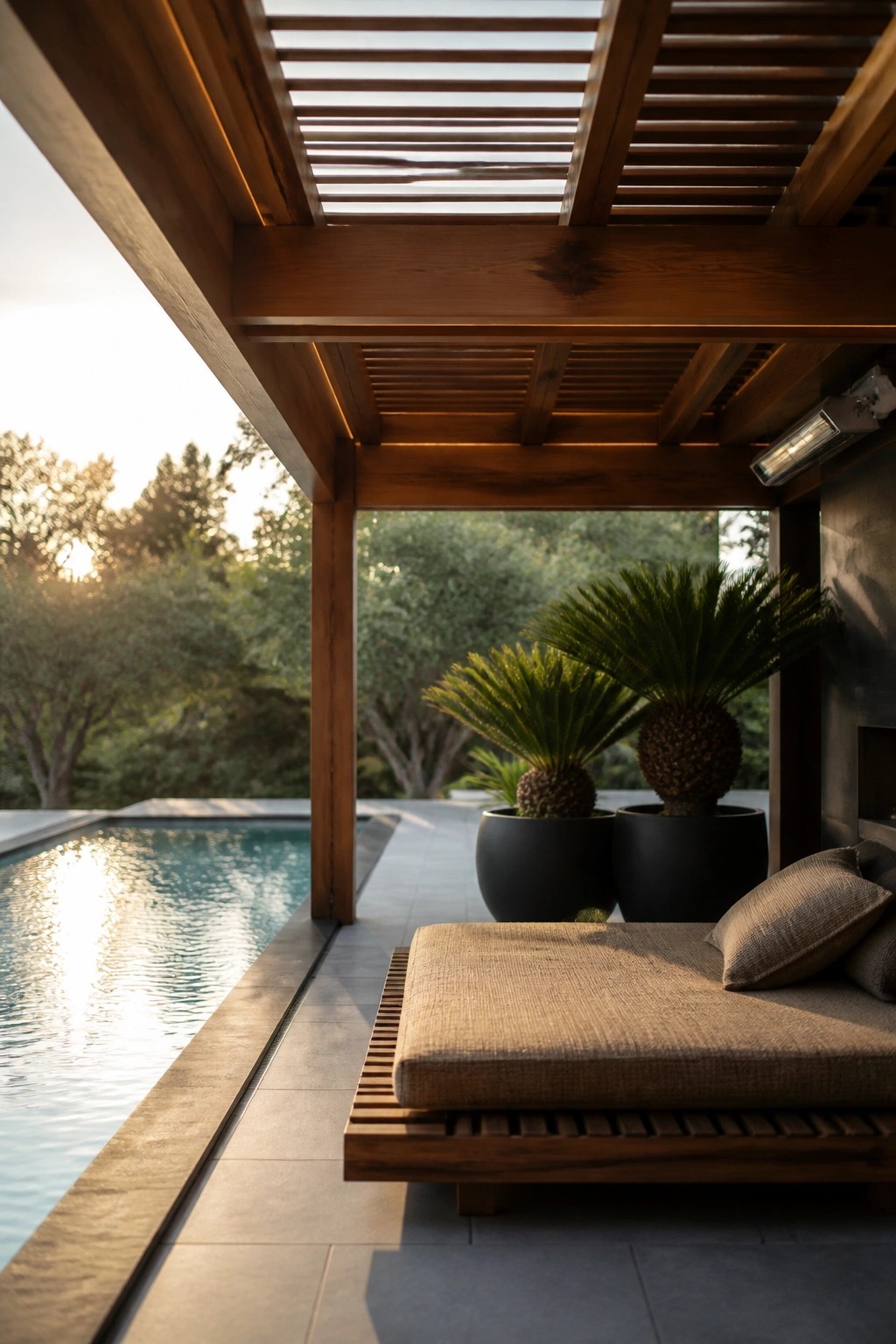 A covered wooden pool pavilion with a slatted roof, daybed, and large potted plants next to a swimming pool at sunset.