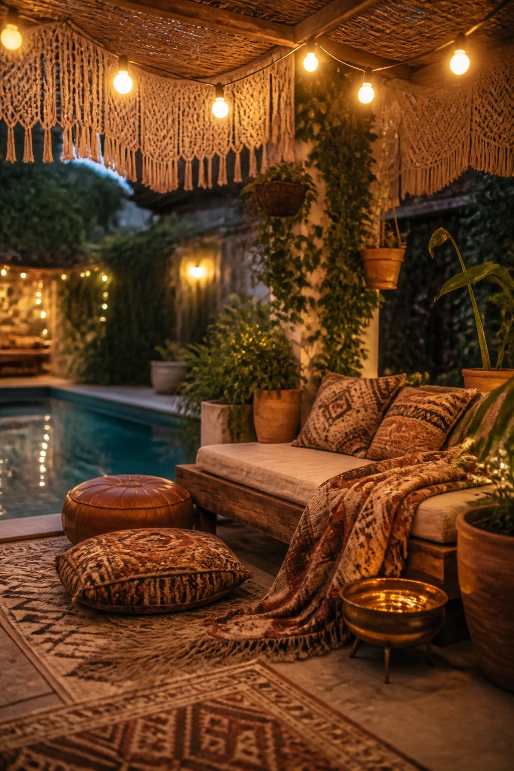 A wooden pool pavilion with a woven roof, macrame hangings, string lights, cushioned bench seating, patterned textiles, potted plants, and a nearby swimming pool.