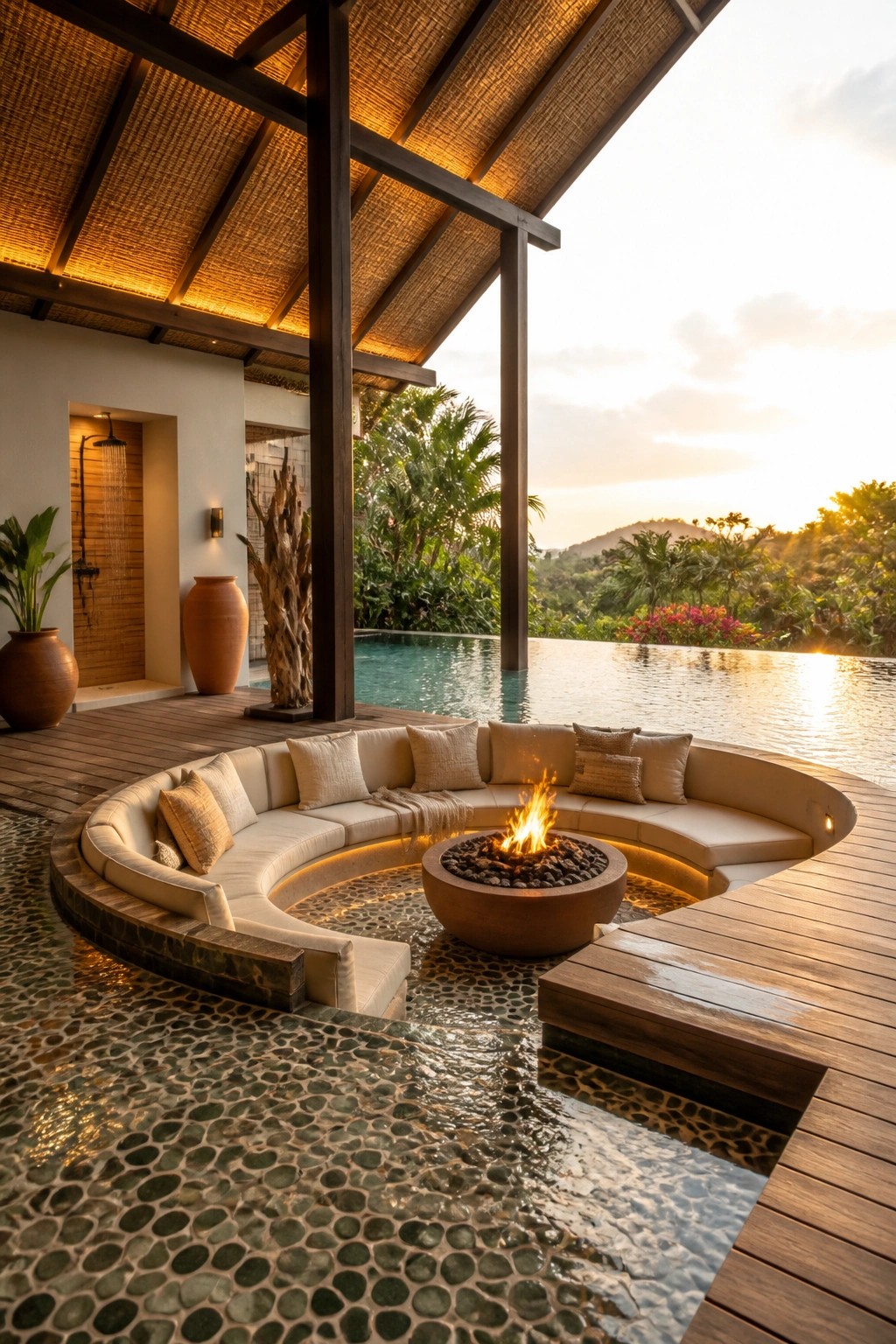 Outdoor pavilion with a thatched roof, curved sectional sofa, and fire pit beside an infinity pool overlooking tropical hills.