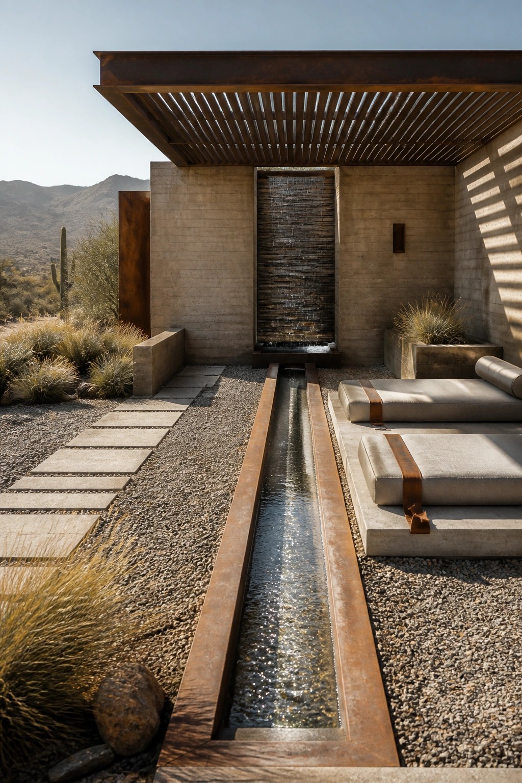An outdoor concrete cabana with a vertical water wall, a long rusted metal water channel running through gravel, and two cushioned lounge chairs on a raised platform.