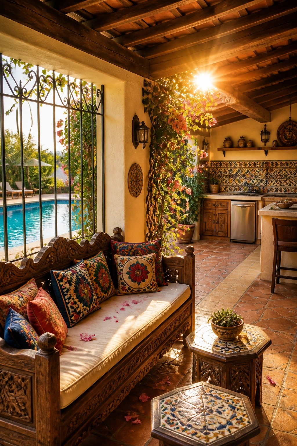 A carved wooden bench with colorful cushions sits in a covered outdoor space next to a pool, with tiled tables and a kitchen area visible in the background.