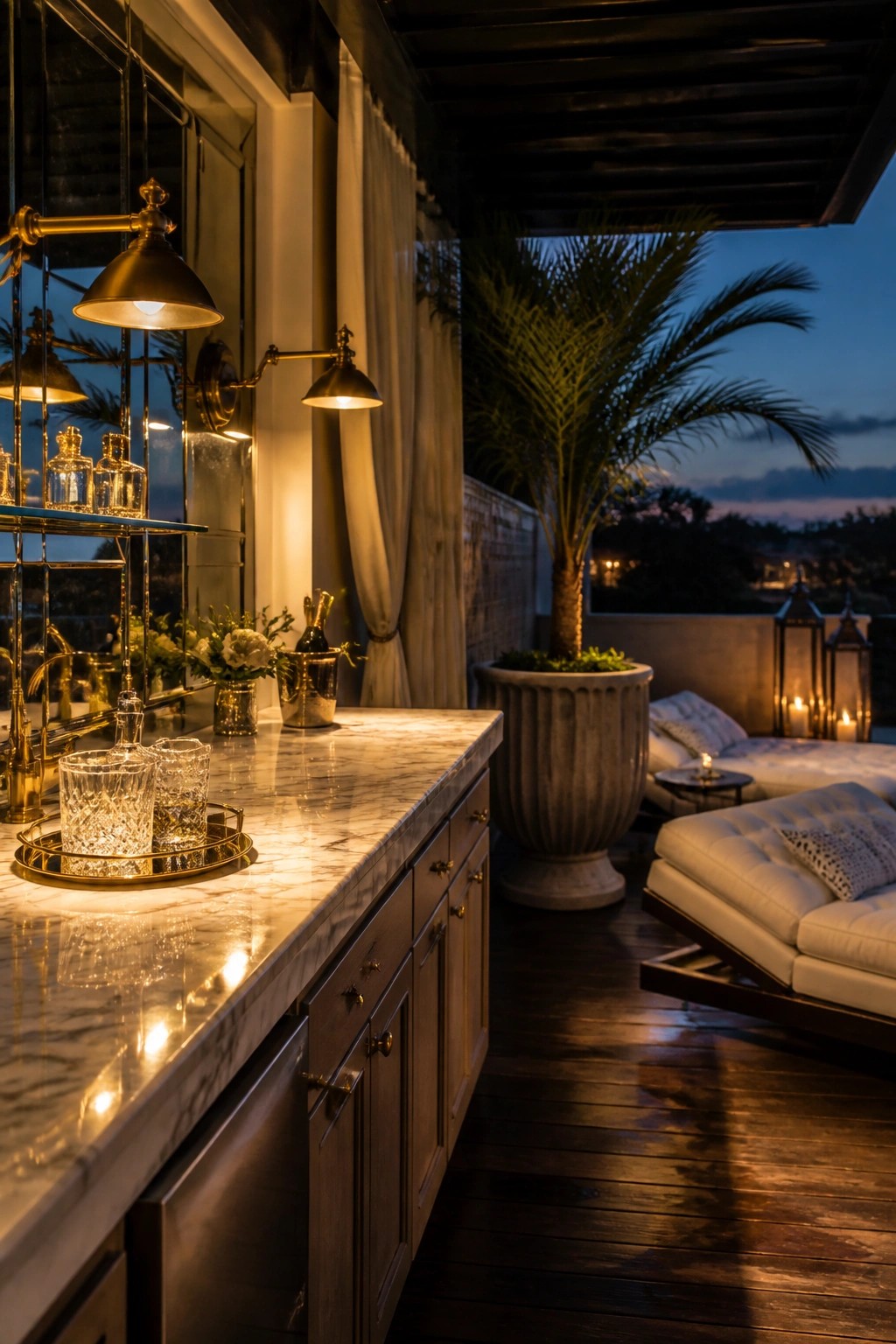 A marble-topped outdoor bar with dark wood cabinets, brass wall lamps, a large potted palm, and white lounge seating on a wooden deck at dusk.