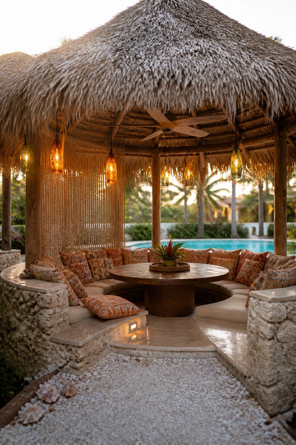 A thatched-roof cabana with curved stone bench seating, patterned cushions, a round wooden table, and hanging glass lights next to a pool at sunset.