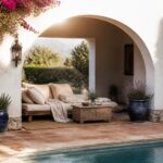 A daybed with pillows sits inside a large white arched alcove beside a pool, with potted plants on either side and bougainvillea overhead.