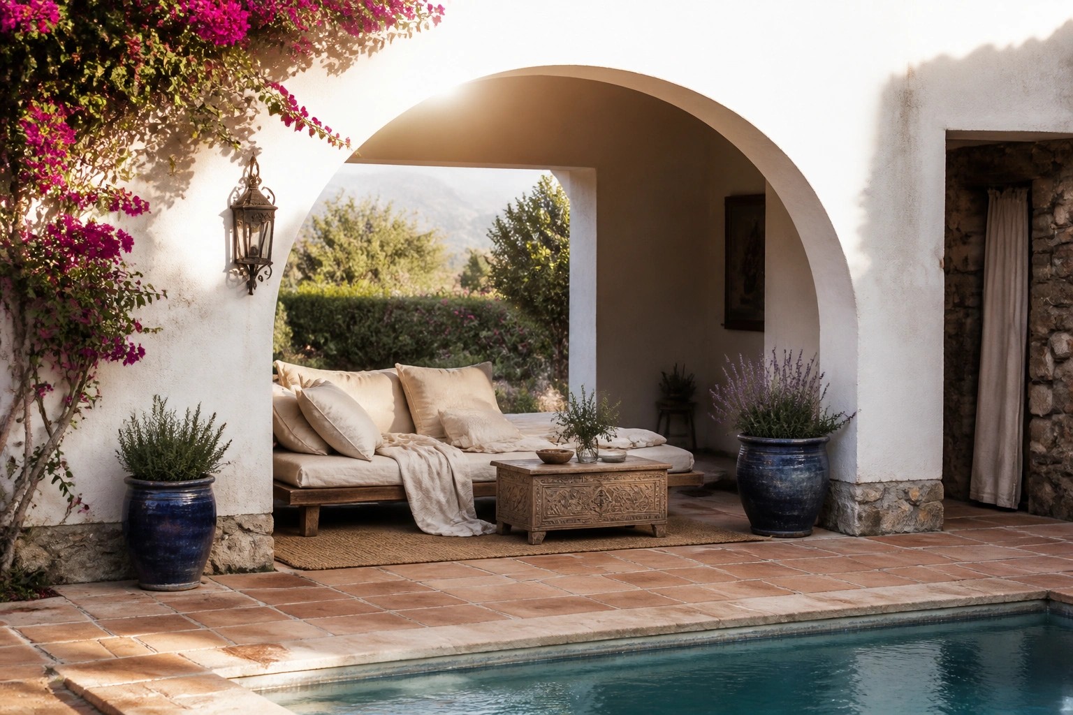 A daybed with pillows sits inside a large white arched alcove beside a pool, with potted plants on either side and bougainvillea overhead.