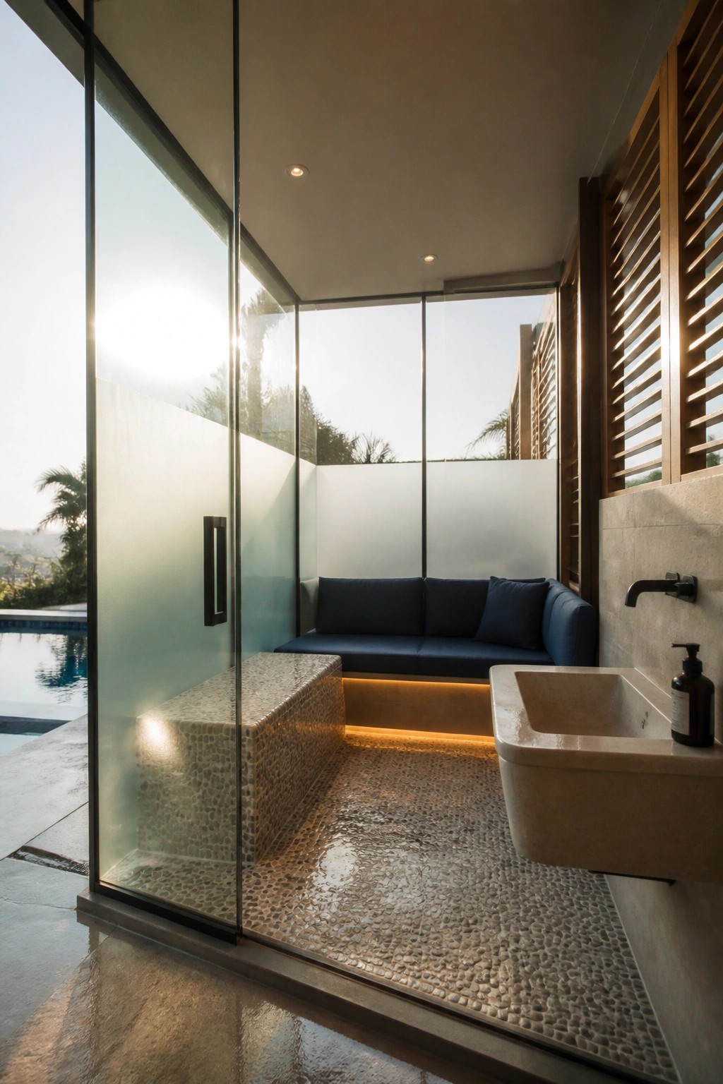 Modern glass shower with blue sofa, pebble floor, stone sink, and pool view.