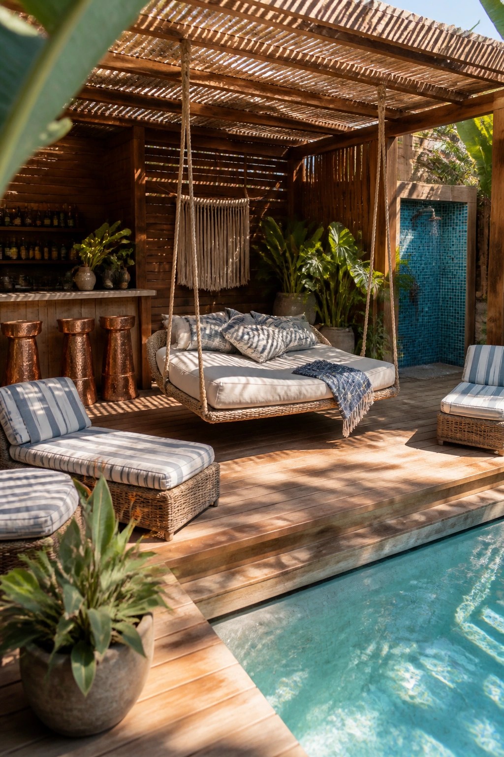 Luxurious tropical deck with hanging daybed, striped loungers, bar, and poolside shower.
