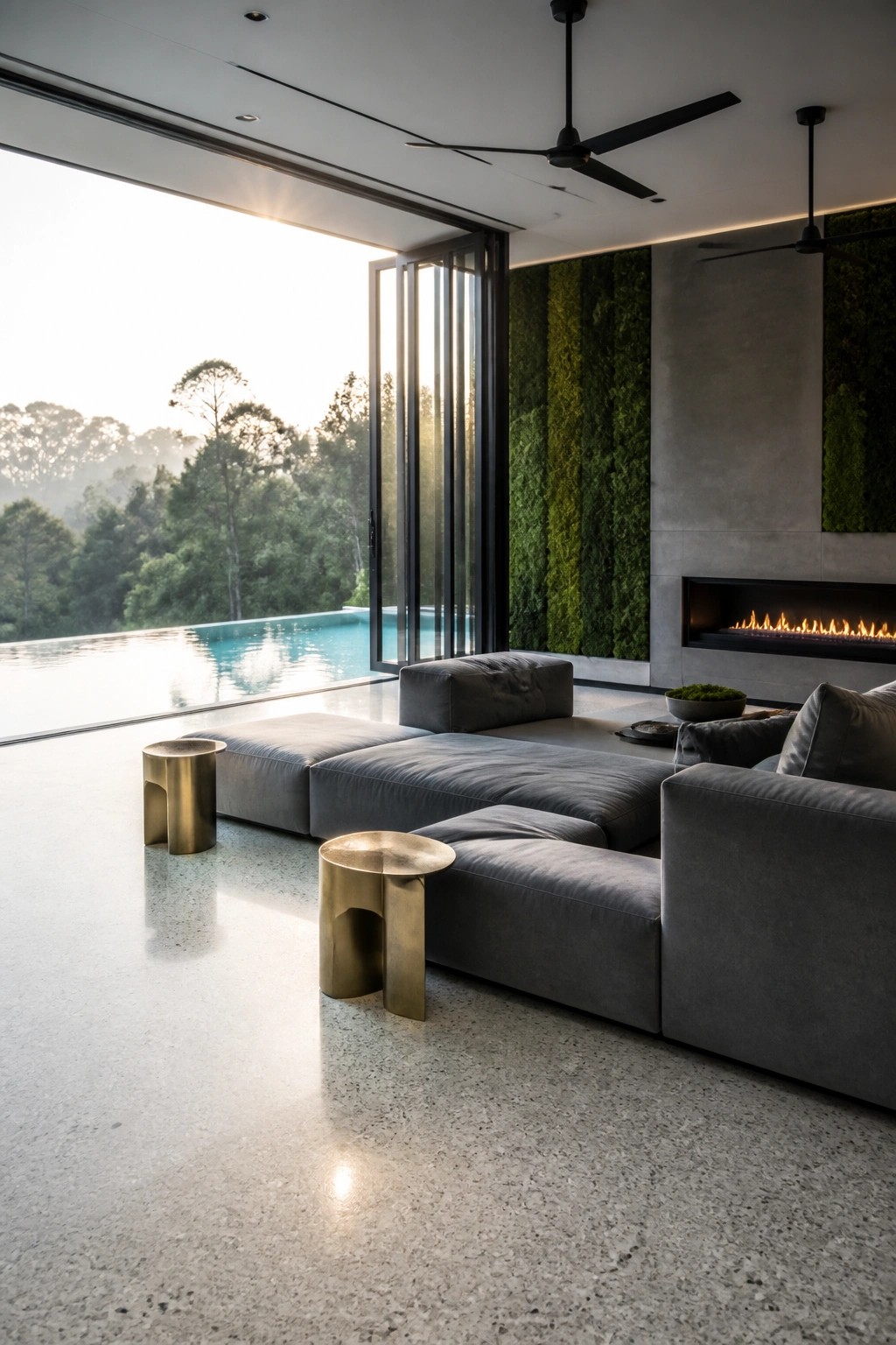 Modern interior living space with gray modular sofas, brass side tables, a vertical garden wall, and a fireplace, opening through large sliding glass doors to an infinity pool and trees outside.
