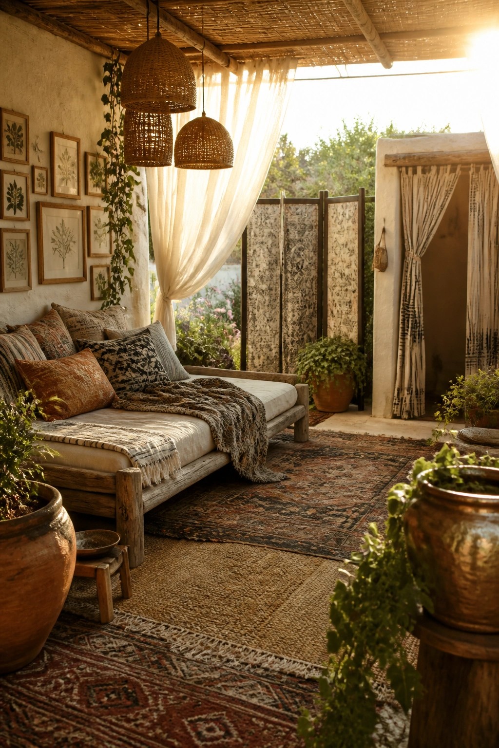 An outdoor lounge area with a wooden daybed, multiple layered rugs, hanging woven lights, and potted plants under a thatched roof.