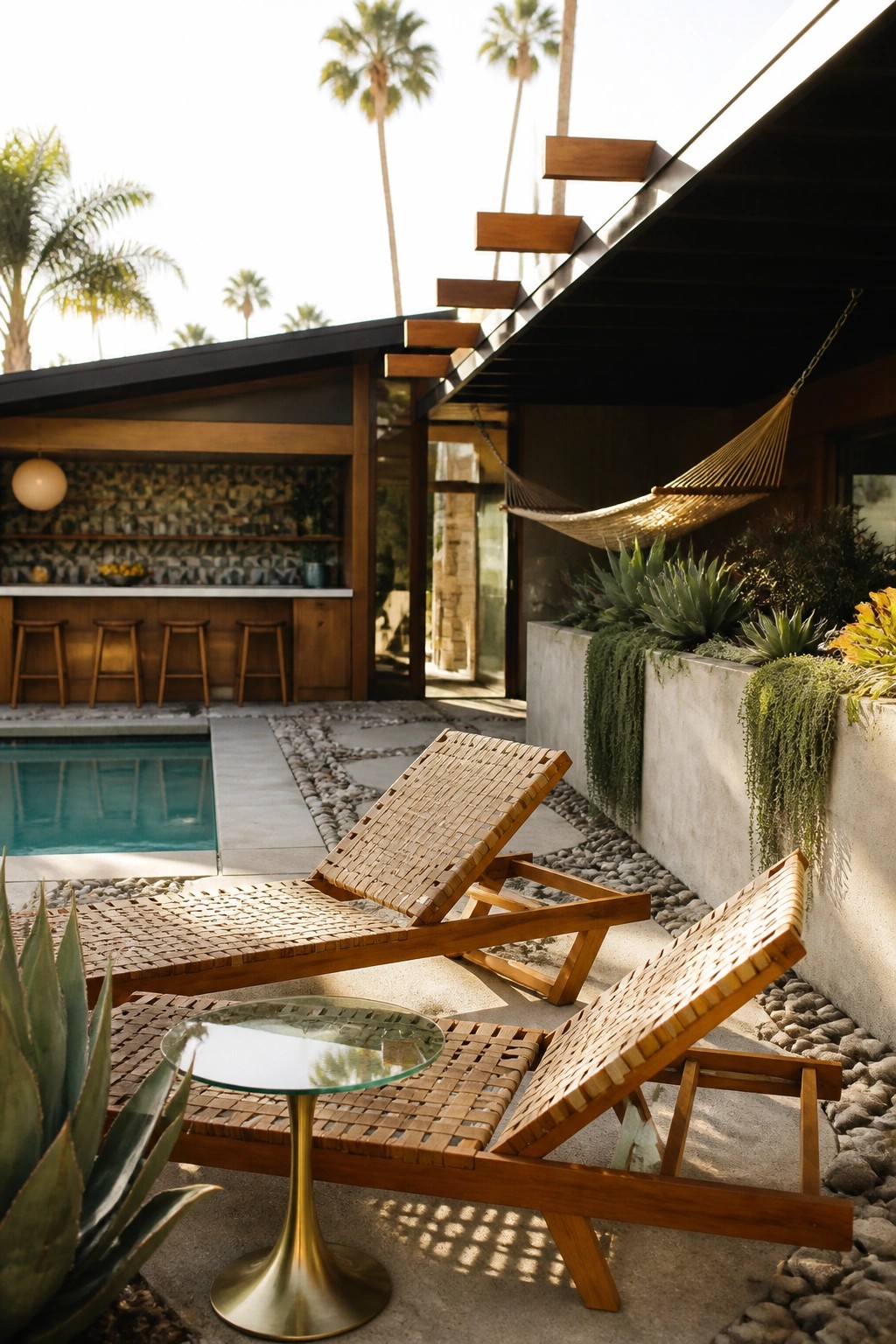 Woven wooden lounge chairs beside pool with hammock and palm trees in sunlight