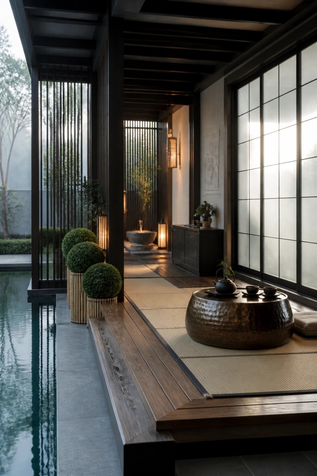 A covered outdoor deck with tatami mats, a round hammered metal table, and an adjacent pool visible on the left.