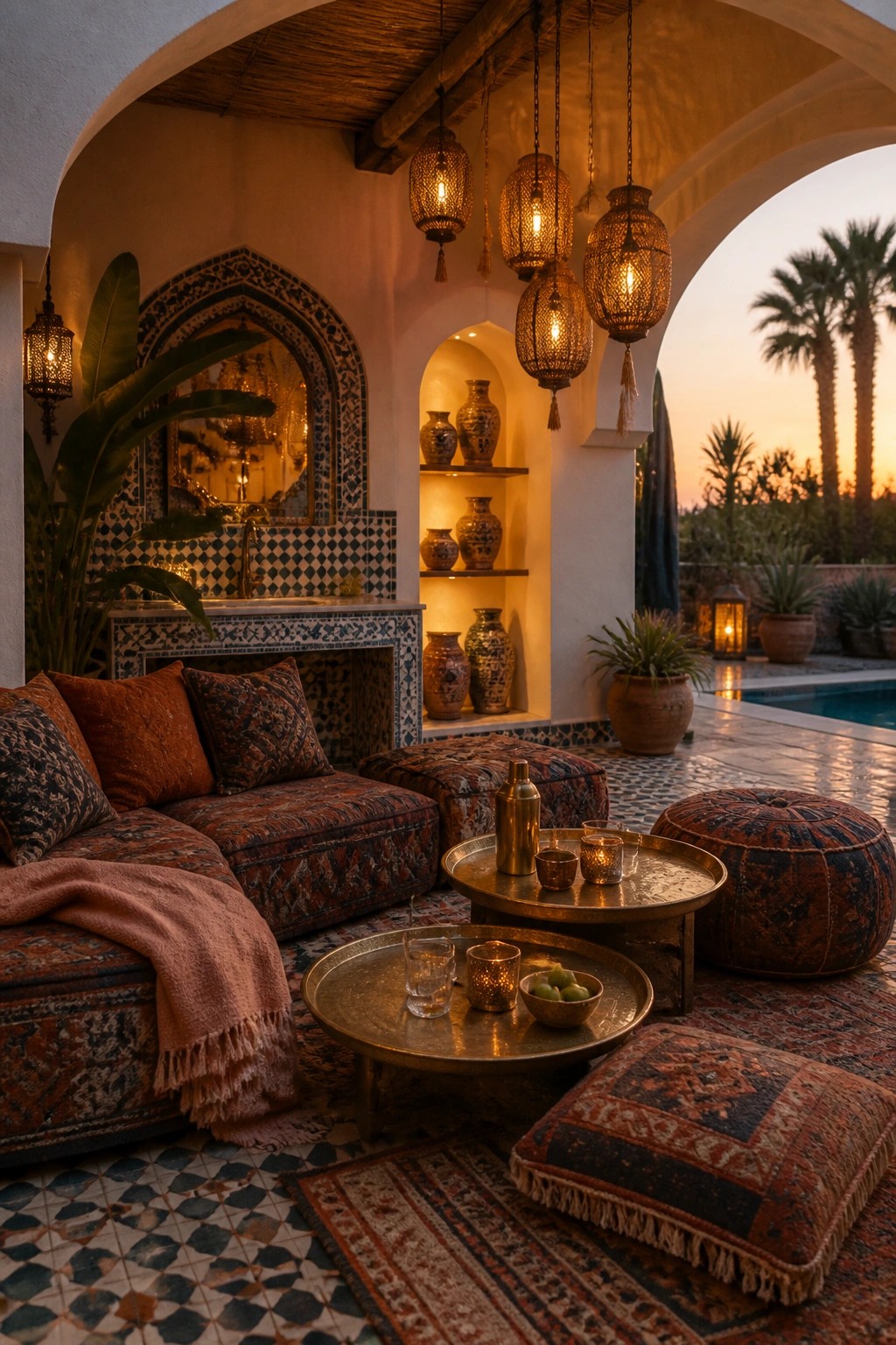 Moroccan patio with hanging lanterns, patterned cushions, brass trays, arches, and sunset pool view