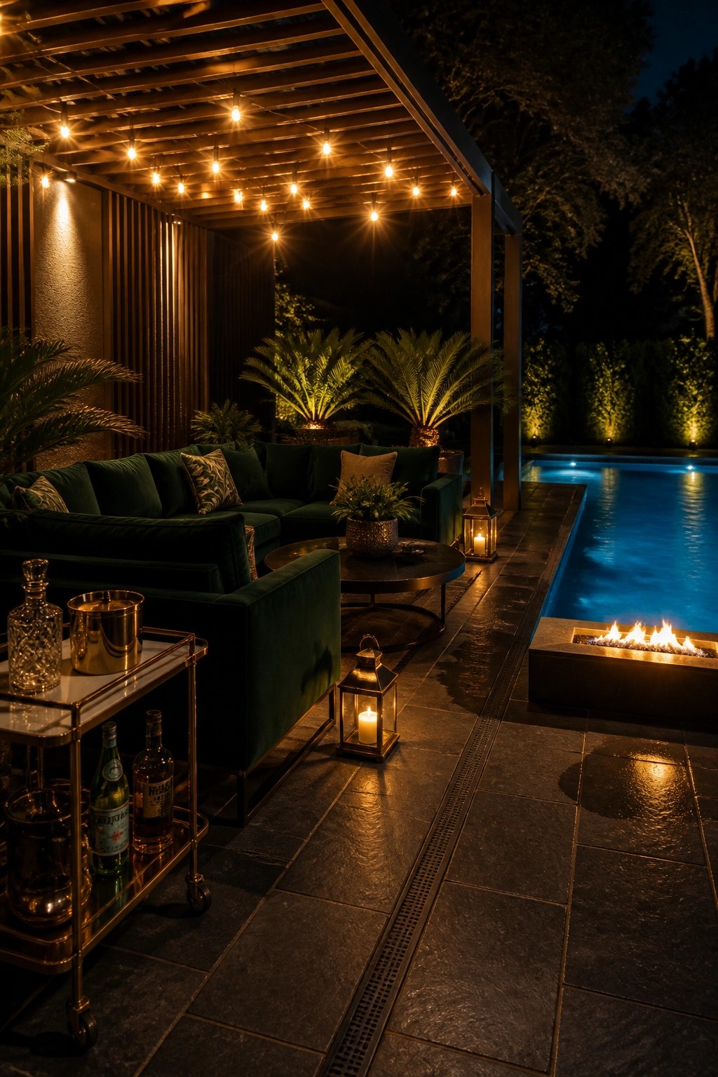 Nighttime photo of an outdoor lounge under a wooden pergola with string lights, dark green sectional seating, a round coffee table, several lanterns, a bar cart, and a rectangular pool with a built-in fire pit.