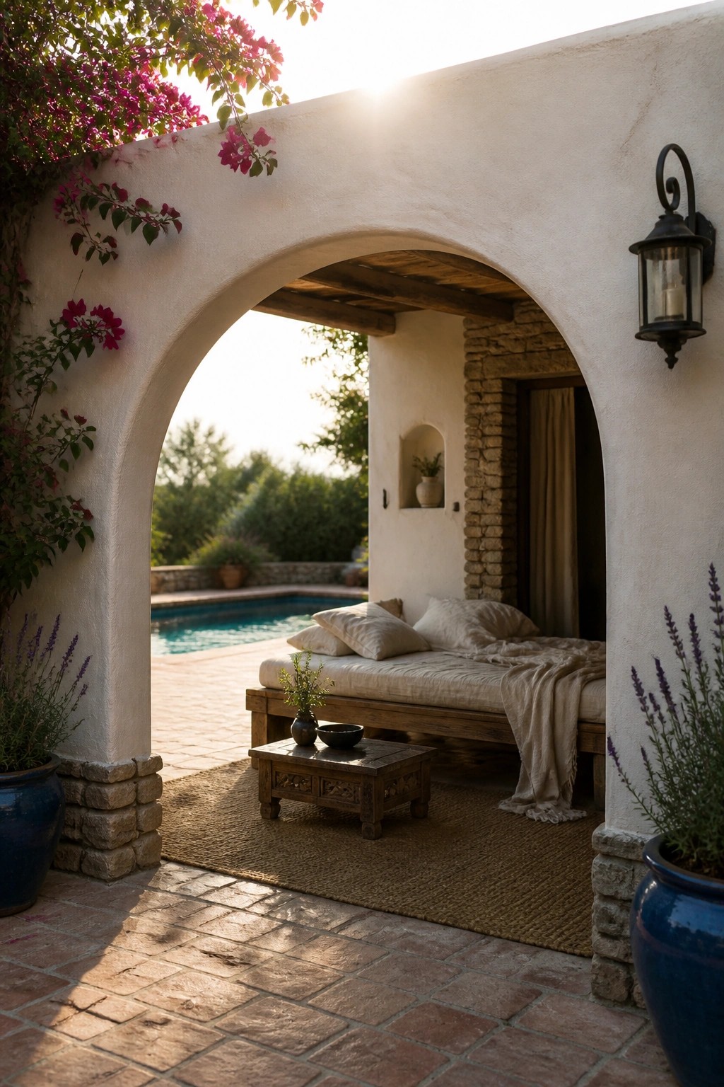 A daybed with pillows sits inside a large white arched alcove beside a pool, with potted plants on either side and bougainvillea overhead.