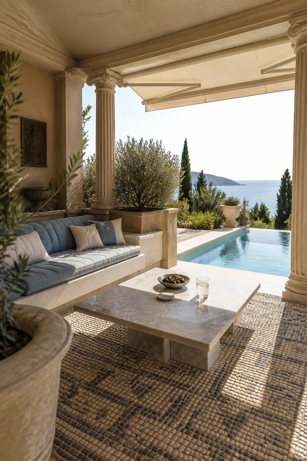 An outdoor patio with a blue cushioned sofa, marble coffee table, and infinity pool, shaded by a retractable awning supported by stone columns.