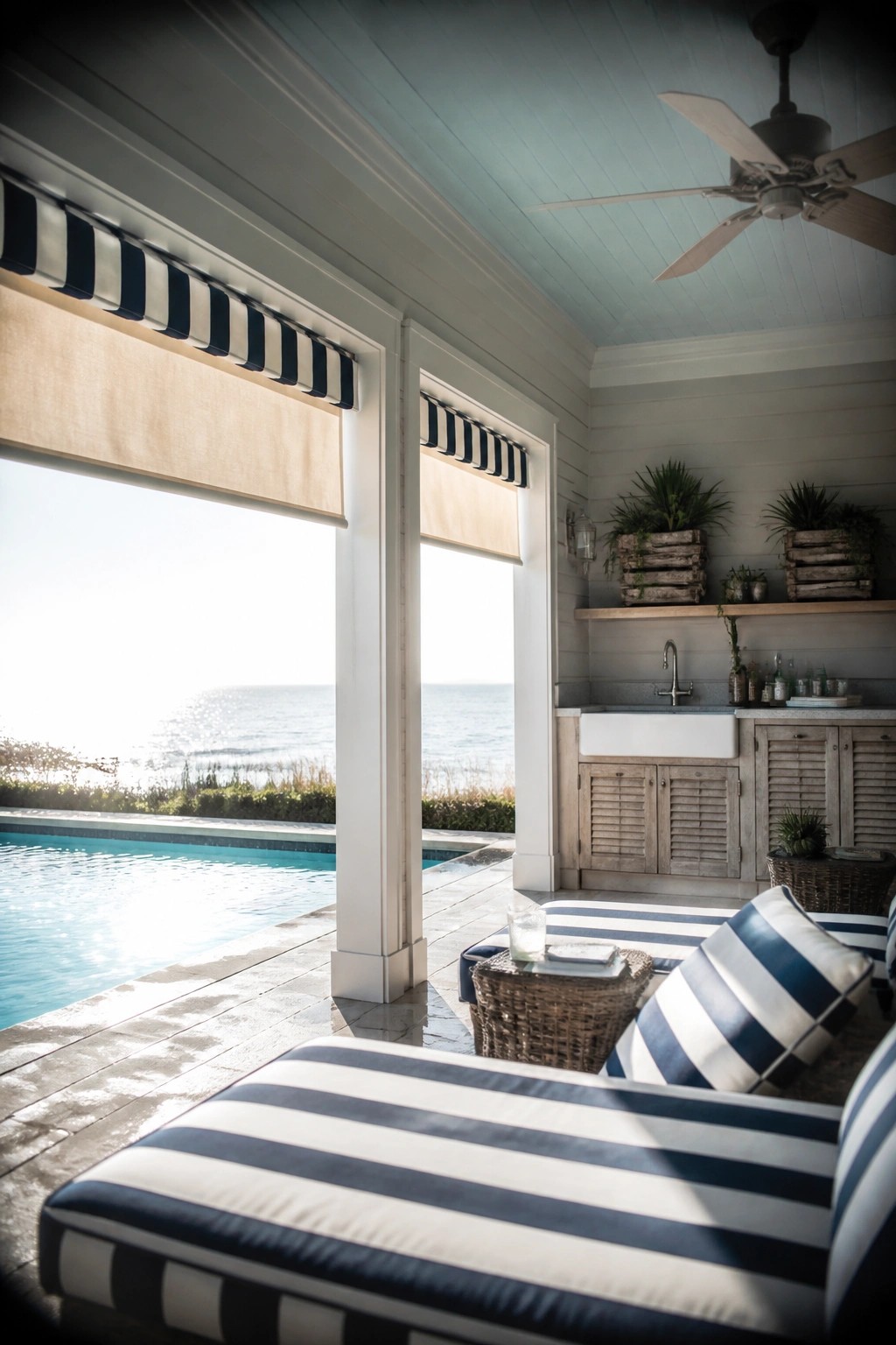 An outdoor pool cabana area with blue and white striped lounge chairs, a ceiling fan, a sink counter, and an ocean view beyond the pool.