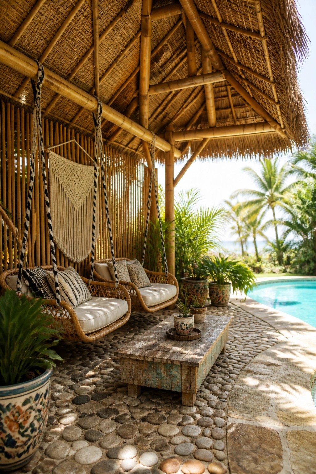 A thatched roof cabana with bamboo poles, hanging rattan chairs, a wooden coffee table, and potted plants on a pebble patio beside a swimming pool.