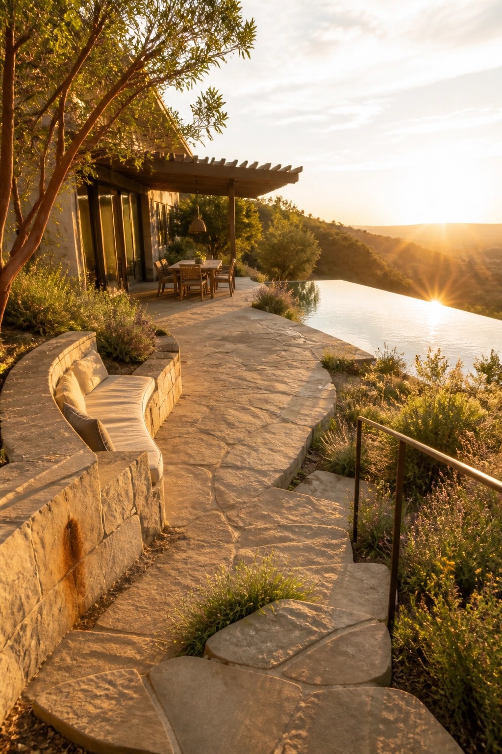 18 Natural Stone Pool Patio Ideas That Blend Beautifully Into Landscaping A modern house with a large infinity pool, irregular stone patio and steps, curved stone bench with cushions, and a pergola dining area at sunset.