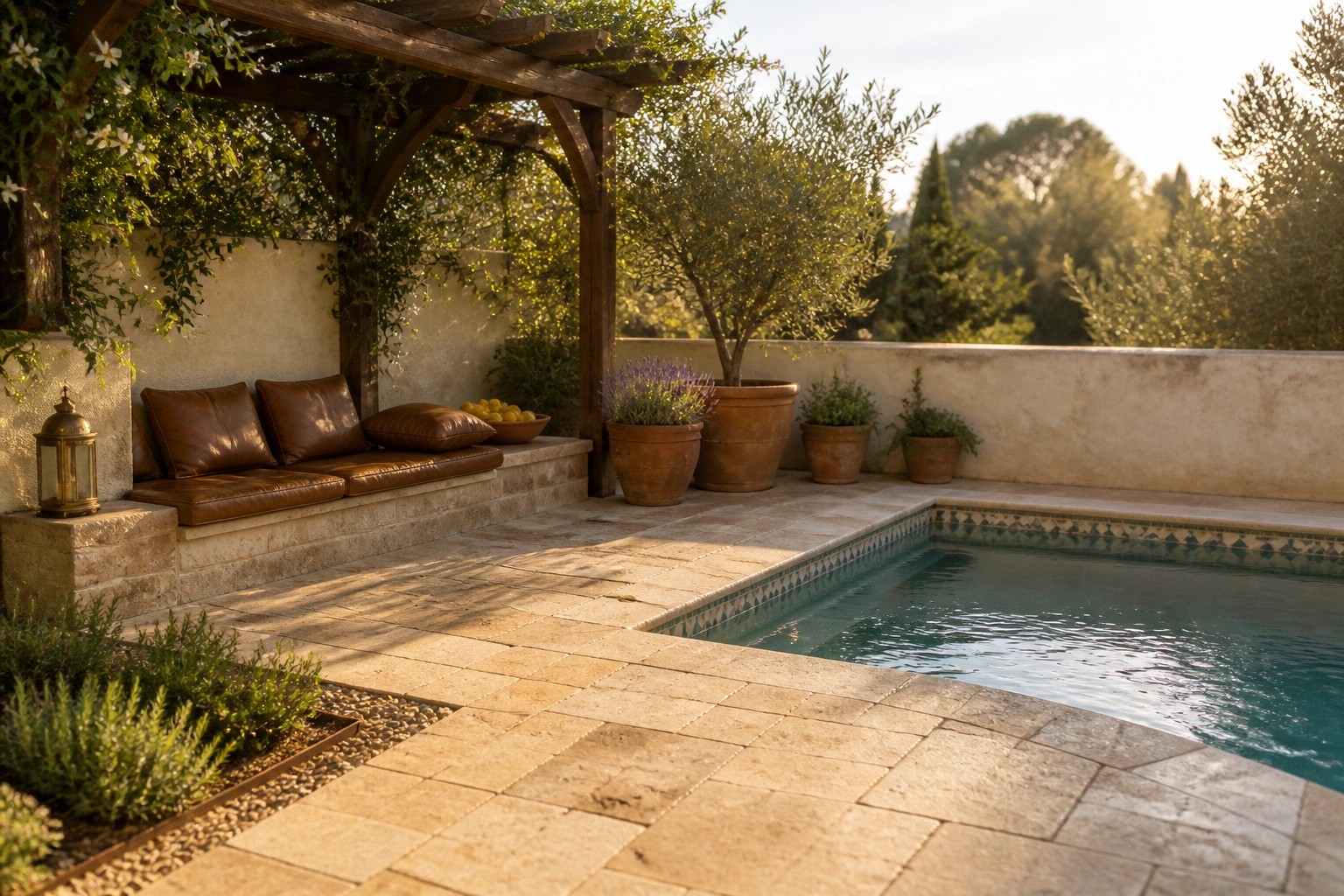 A rectangular pool edged with blue and white tile sits beside large beige stone pavers, a built-in leather bench on a stone ledge, terracotta pots, and a wooden pergola with climbing vines.