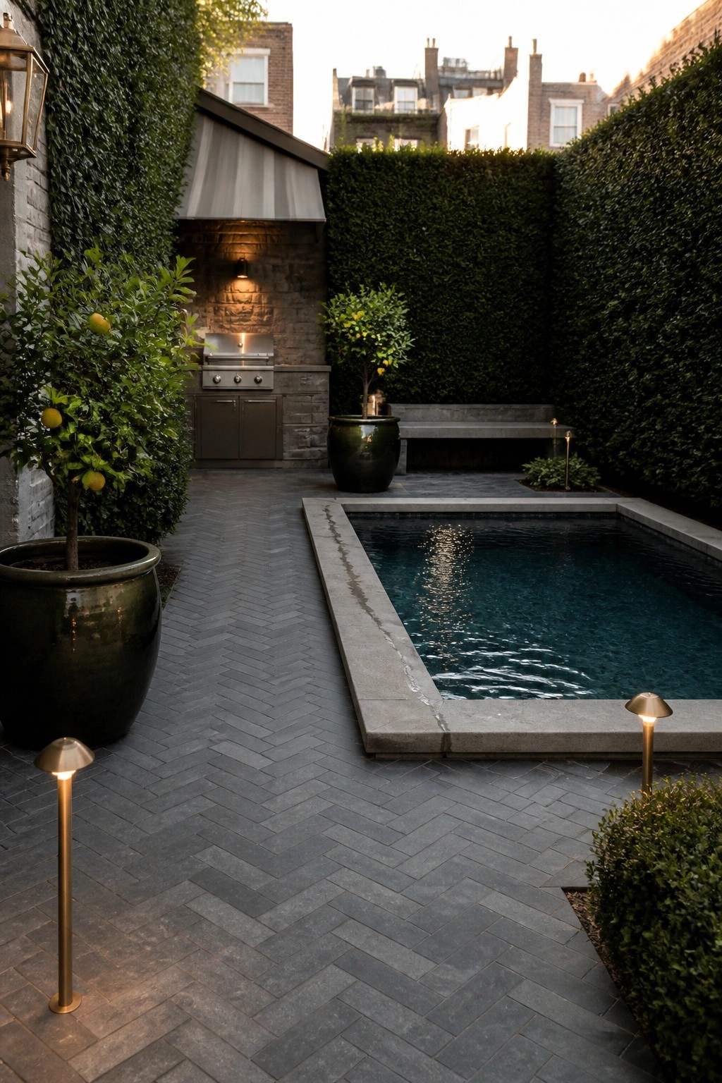 18 Natural Stone Pool Patio Ideas That Blend Beautifully Into Landscaping A rectangular pool with dark herringbone stone pavers, concrete coping, tall hedges, and potted trees in a small courtyard setting.