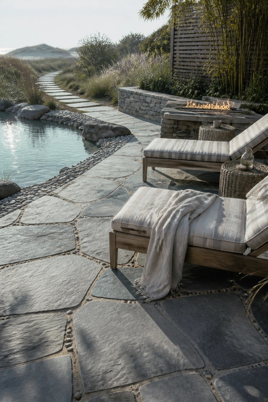 18 Natural Stone Pool Patio Ideas That Blend Beautifully Into Landscaping A natural stone patio beside a pool with wooden lounge chairs, a woven side table, and a stone fire pit in the background.