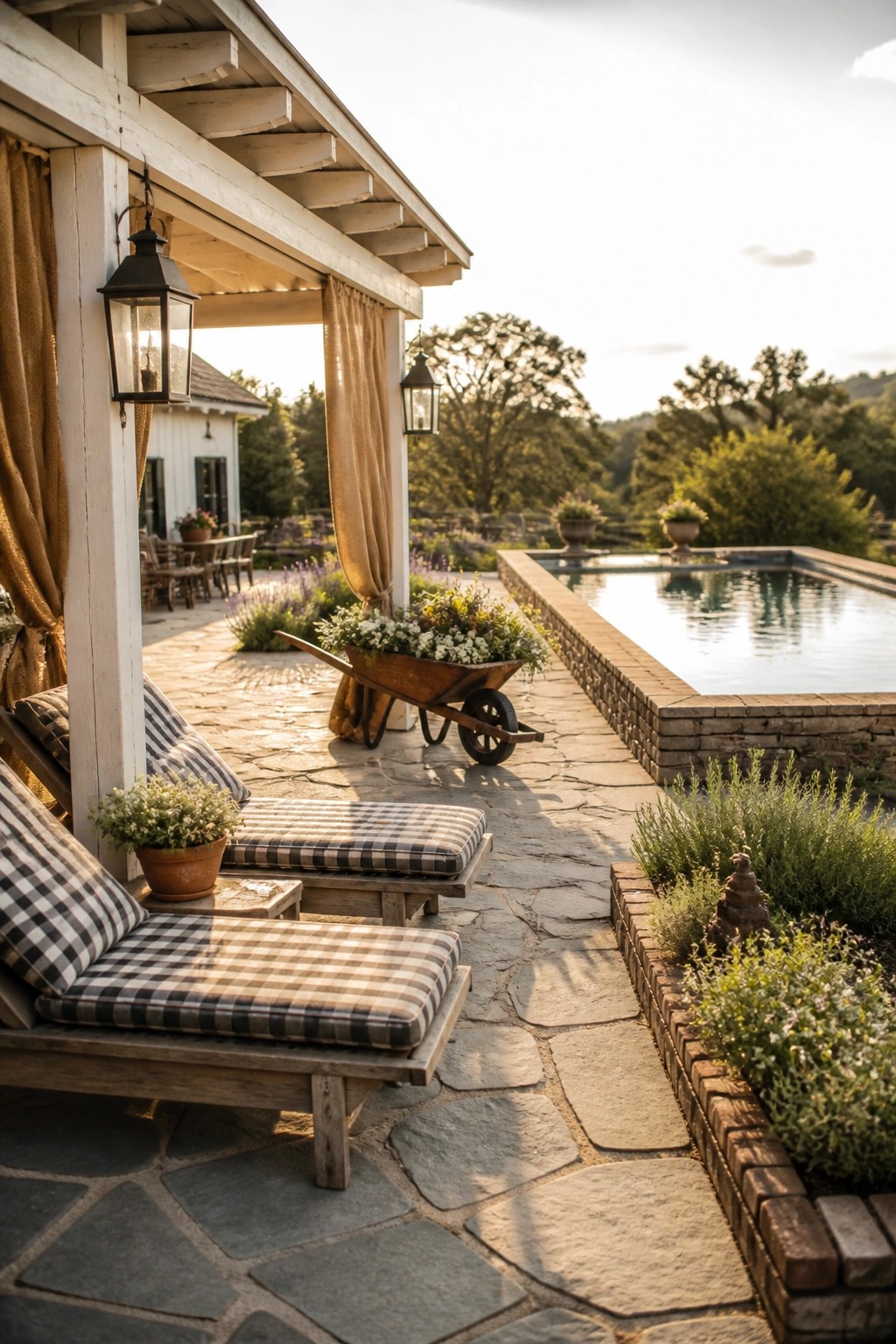 18 Natural Stone Pool Patio Ideas That Blend Beautifully Into Landscaping A natural stone patio beside a rectangular pool, with wooden lounge chairs, a wheelbarrow planter, and garden beds along the brick coping.