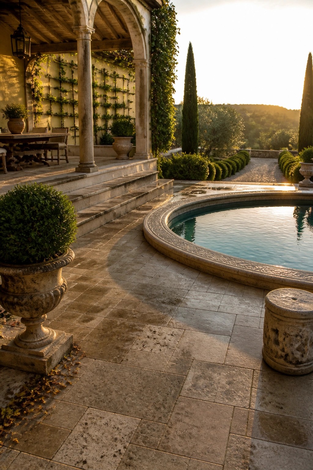 18 Natural Stone Pool Patio Ideas That Blend Beautifully Into Landscaping Sunlit stone patio with curved pool, columns, arches, and hillside view at sunset