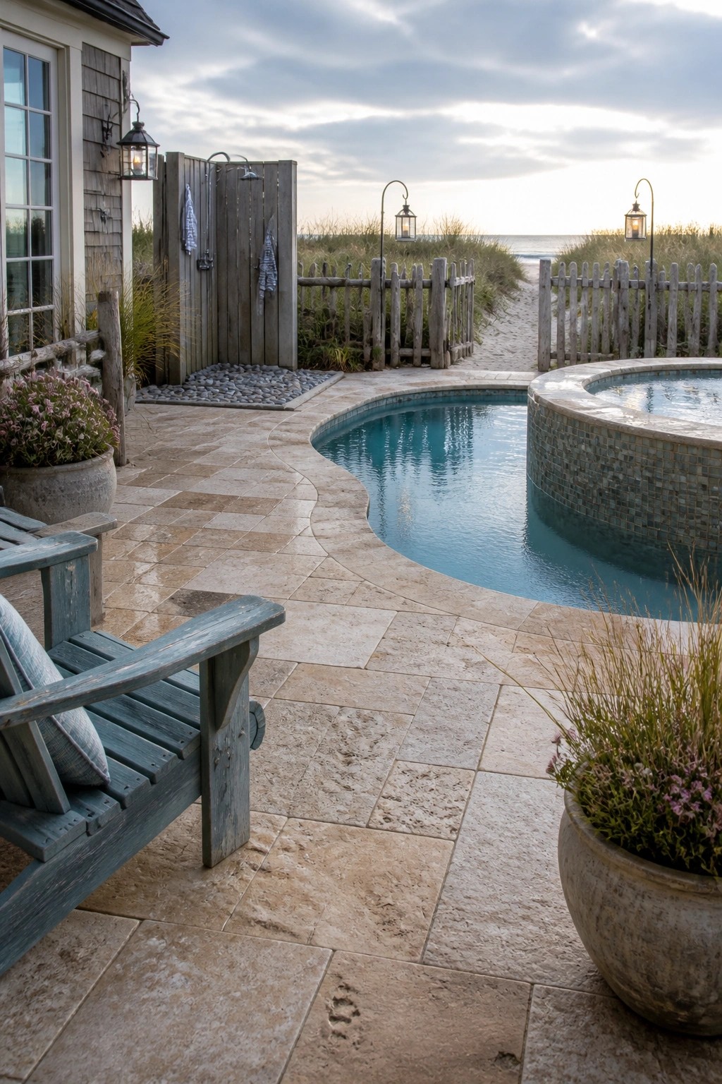 18 Natural Stone Pool Patio Ideas That Blend Beautifully Into Landscaping A backyard pool patio made of light natural stone tiles, with a curved pool, a raised circular hot tub, an outdoor shower area, a wooden chair, and potted plants leading toward a sandy beach.