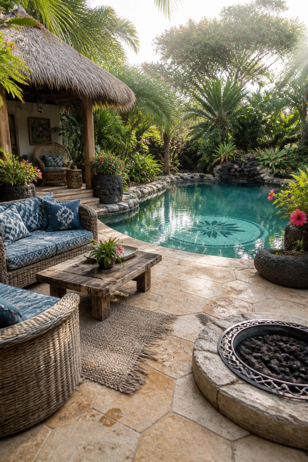 18 Natural Stone Pool Patio Ideas That Blend Beautifully Into Landscaping A curved swimming pool with a stone border and central mosaic design, surrounded by a natural stone patio, wicker seating, a wooden coffee table, a stone fire pit, and dense tropical plants and palms.