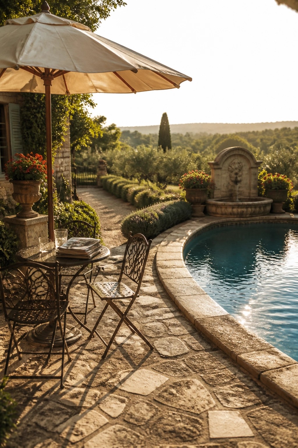 18 Natural Stone Pool Patio Ideas That Blend Beautifully Into Landscaping A curved natural stone pool patio with metal seating, a large umbrella, and a stone fountain set among potted flowers and garden beds.