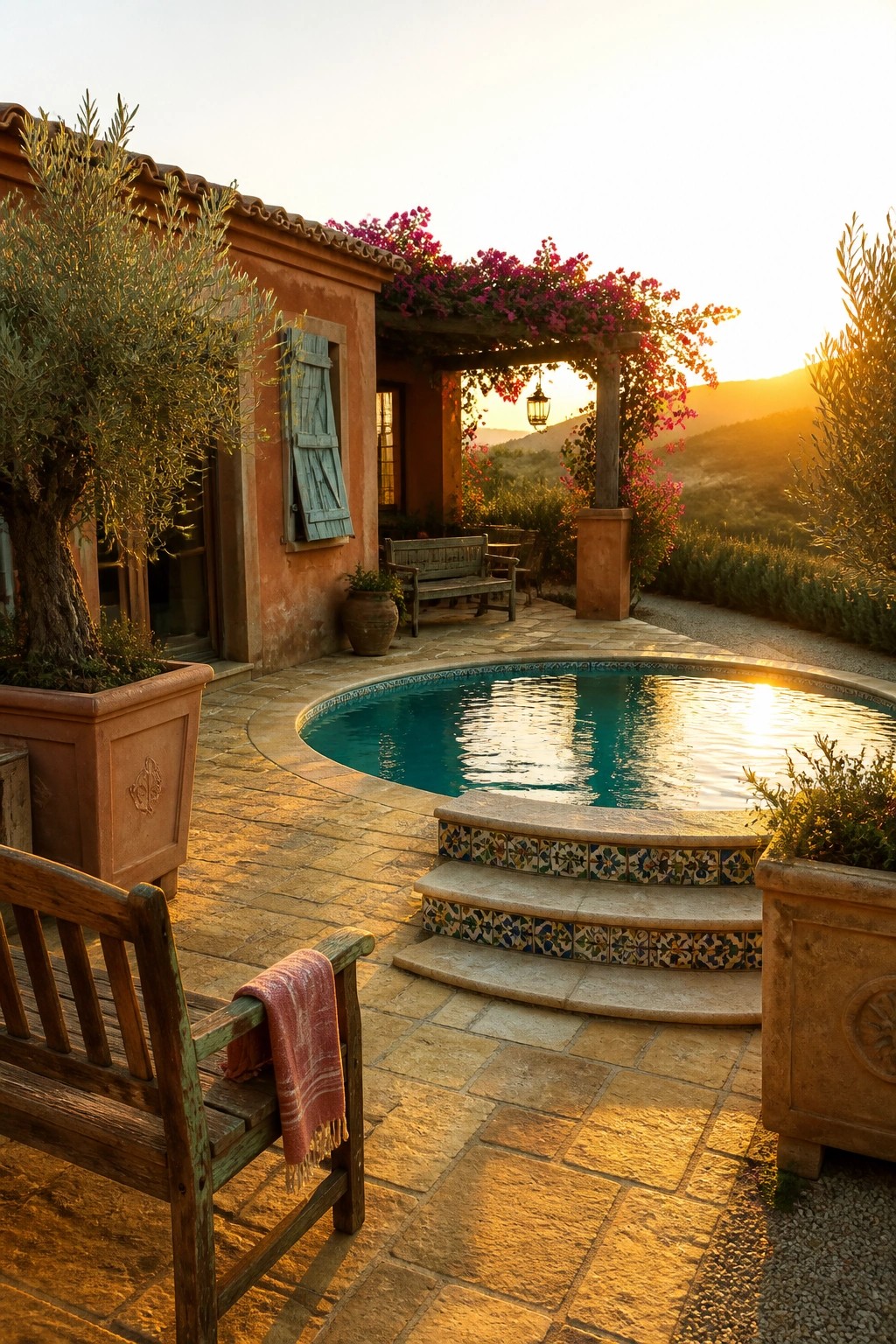 18 Natural Stone Pool Patio Ideas That Blend Beautifully Into Landscaping A circular pool with colorful tiled steps sits on a stone patio beside a terracotta house, with wooden benches, large pots, and flowering vines at sunset.