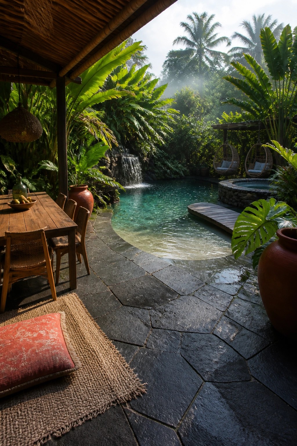 18 Natural Stone Pool Patio Ideas That Blend Beautifully Into Landscaping A dark natural stone patio curves around a turquoise pool with a small waterfall, a wooden dining table, hanging chairs, and large tropical plants.