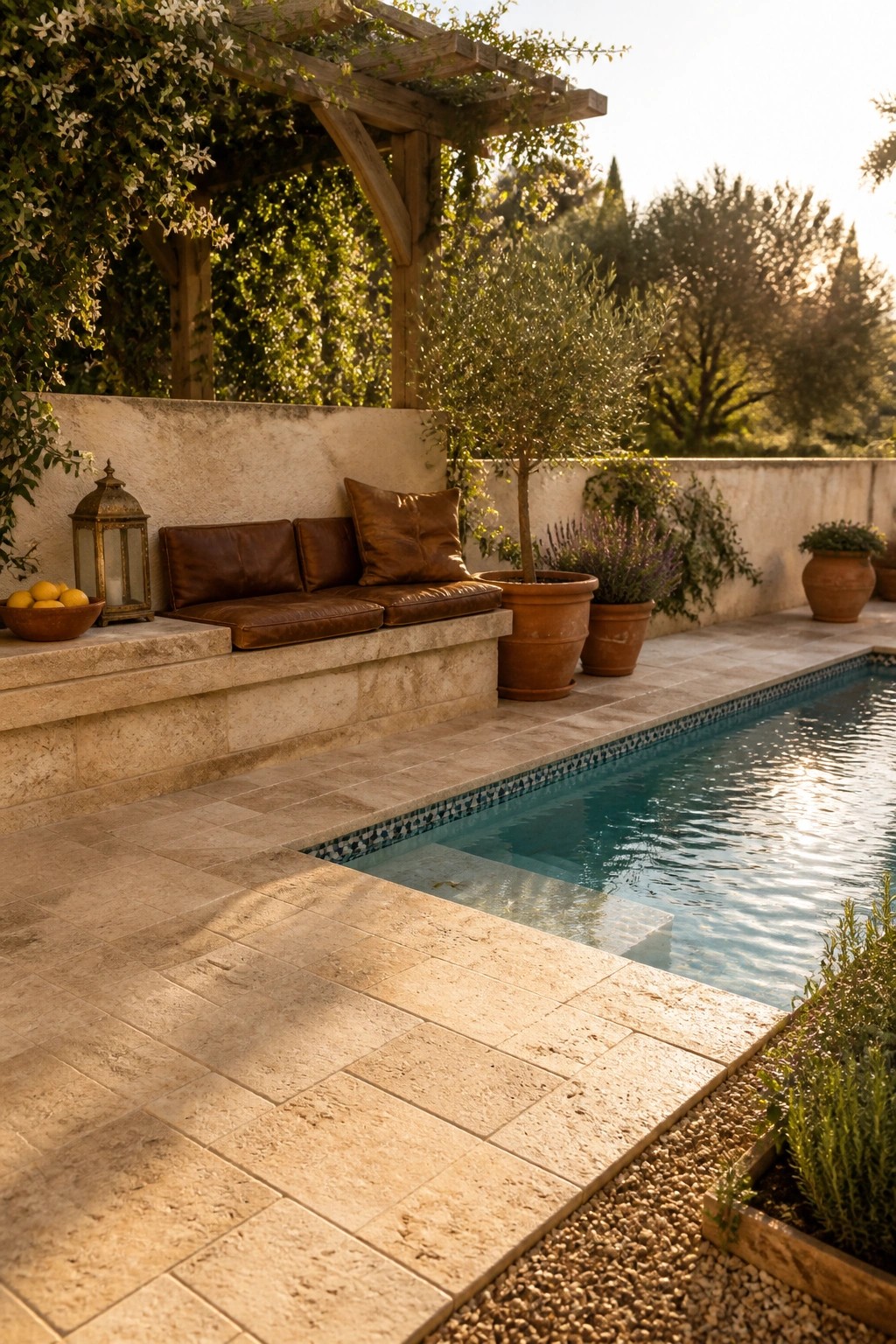18 Natural Stone Pool Patio Ideas That Blend Beautifully Into Landscaping A rectangular pool edged with blue and white tile sits beside large beige stone pavers, a built-in leather bench on a stone ledge, terracotta pots, and a wooden pergola with climbing vines.