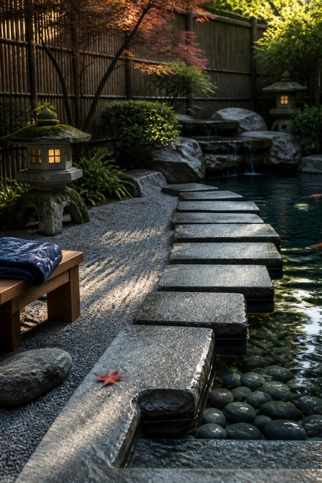 18 Natural Stone Pool Patio Ideas That Blend Beautifully Into Landscaping Stepping stones cross a koi pond in a lantern-lit Japanese garden with autumn leaves.