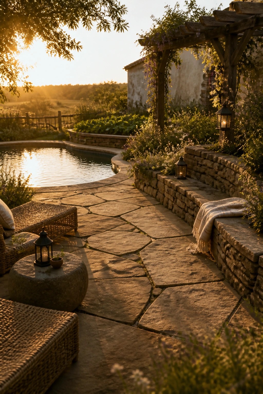 18 Natural Stone Pool Patio Ideas That Blend Beautifully Into Landscaping A curved natural stone patio beside a pool with woven lounge chairs, lanterns, and a wooden pergola covered in vines.