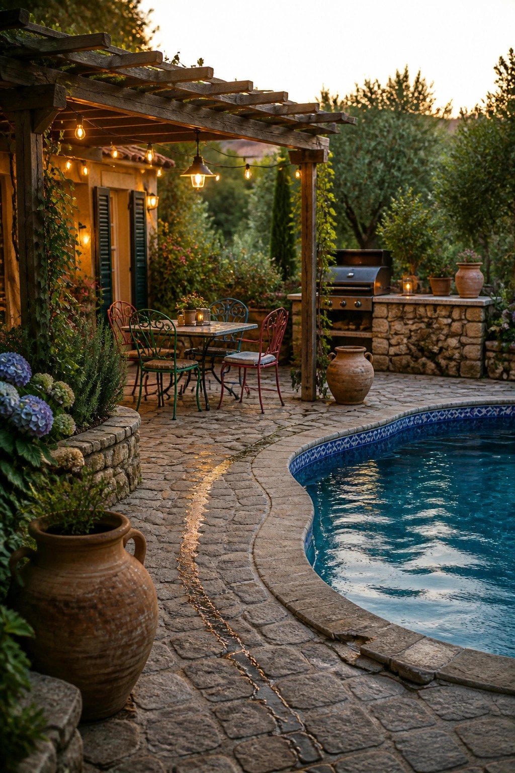 18 Natural Stone Pool Patio Ideas That Blend Beautifully Into Landscaping A curved natural stone patio surrounding a swimming pool, with a wooden pergola, outdoor table and chairs, and a built-in grill area.
