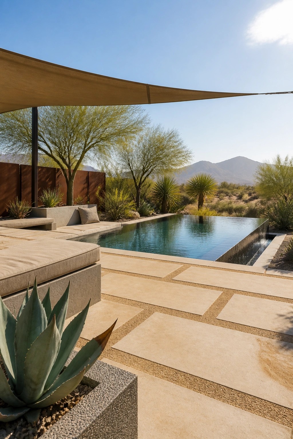18 Natural Stone Pool Patio Ideas That Blend Beautifully Into Landscaping A rectangular pool edged with large beige stone pavers, concrete seating with cushions, an agave plant in a planter, and desert landscaping under a shade sail with mountains beyond.