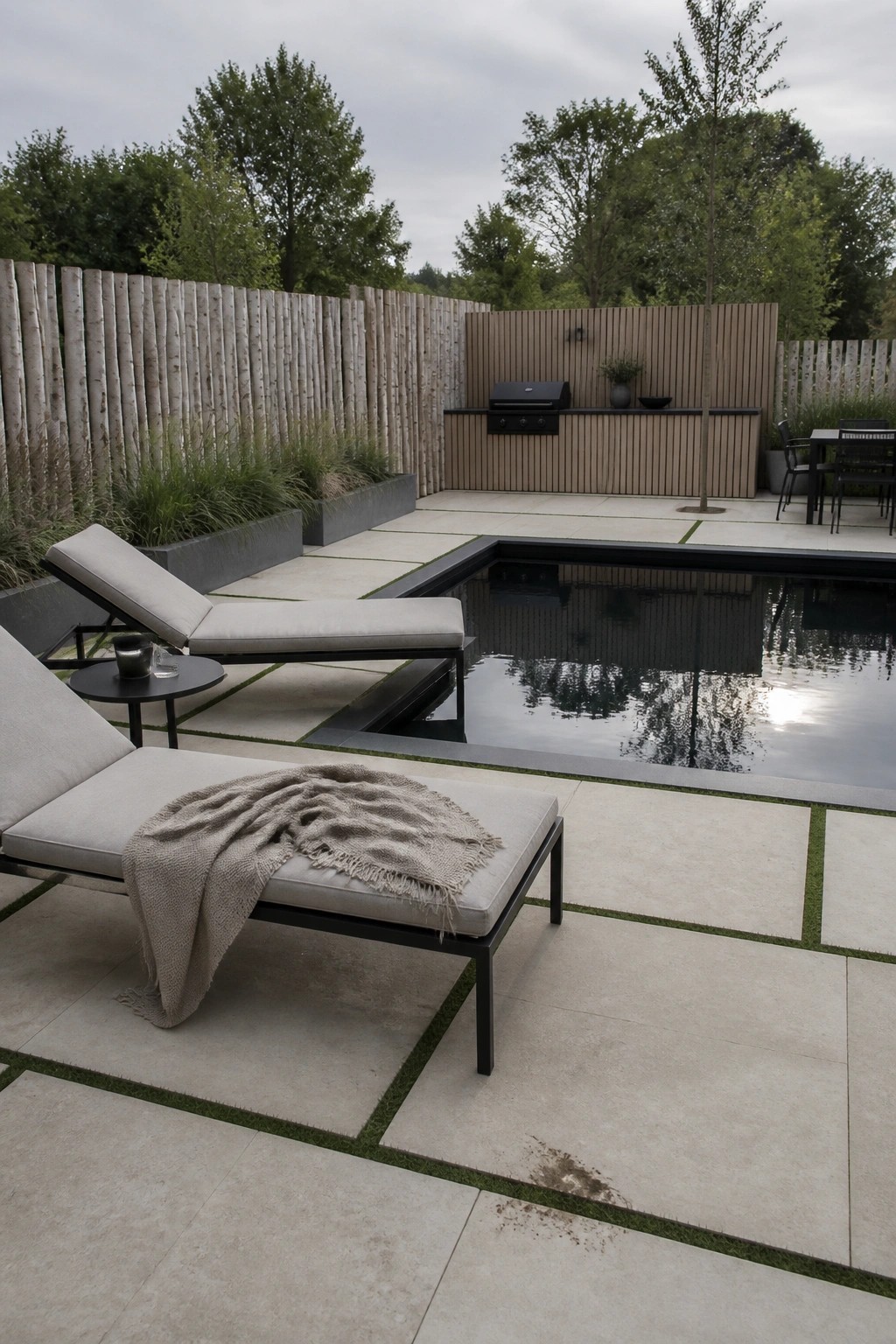 18 Natural Stone Pool Patio Ideas That Blend Beautifully Into Landscaping A modern pool patio made of large light stone pavers with grass between the joints, two lounge chairs, and a rectangular pool.