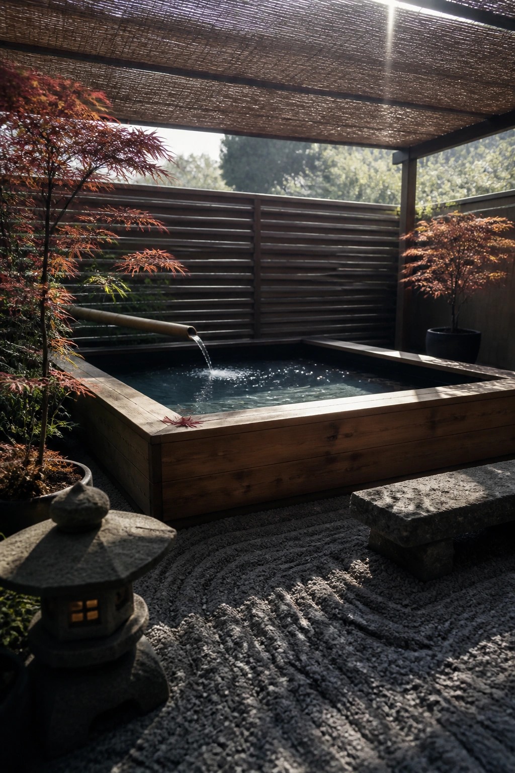 A wooden above-ground pool receives water from a bamboo spout, with raked gravel, stone lanterns, and potted red-leafed trees around the edges under a woven shade cover.