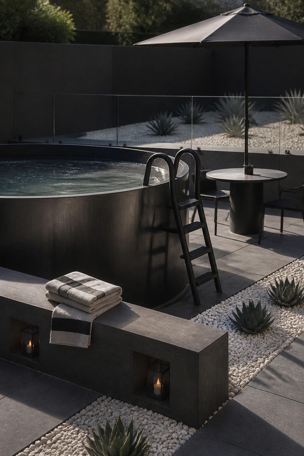 A modern dark above-ground pool with a black ladder sits beside a wide concrete ledge holding folded towels and recessed lanterns, surrounded by gravel beds with agave plants and a black patio umbrella.