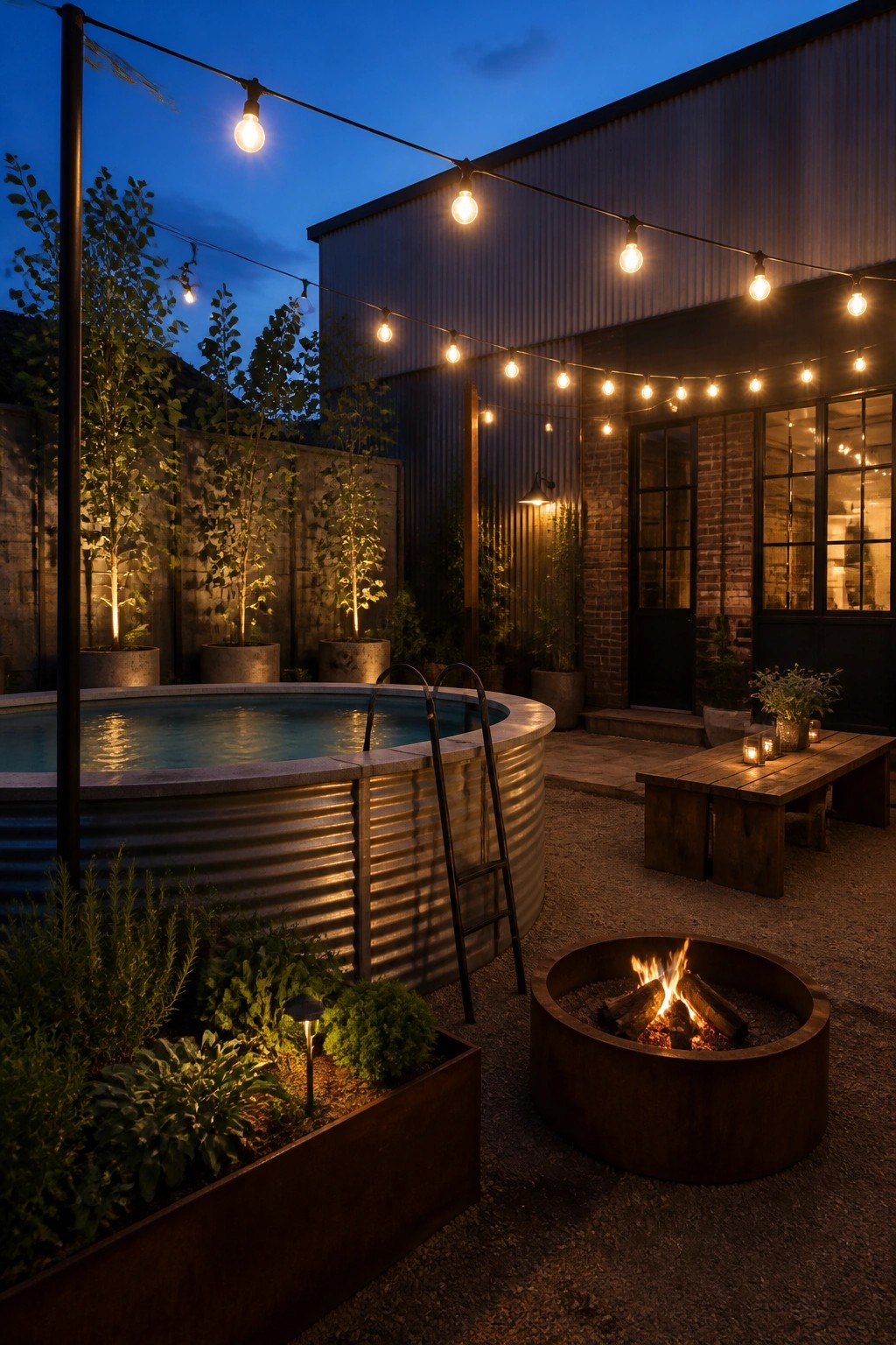 Nighttime backyard with stock tank pool, fire pit, string lights, and wooden table