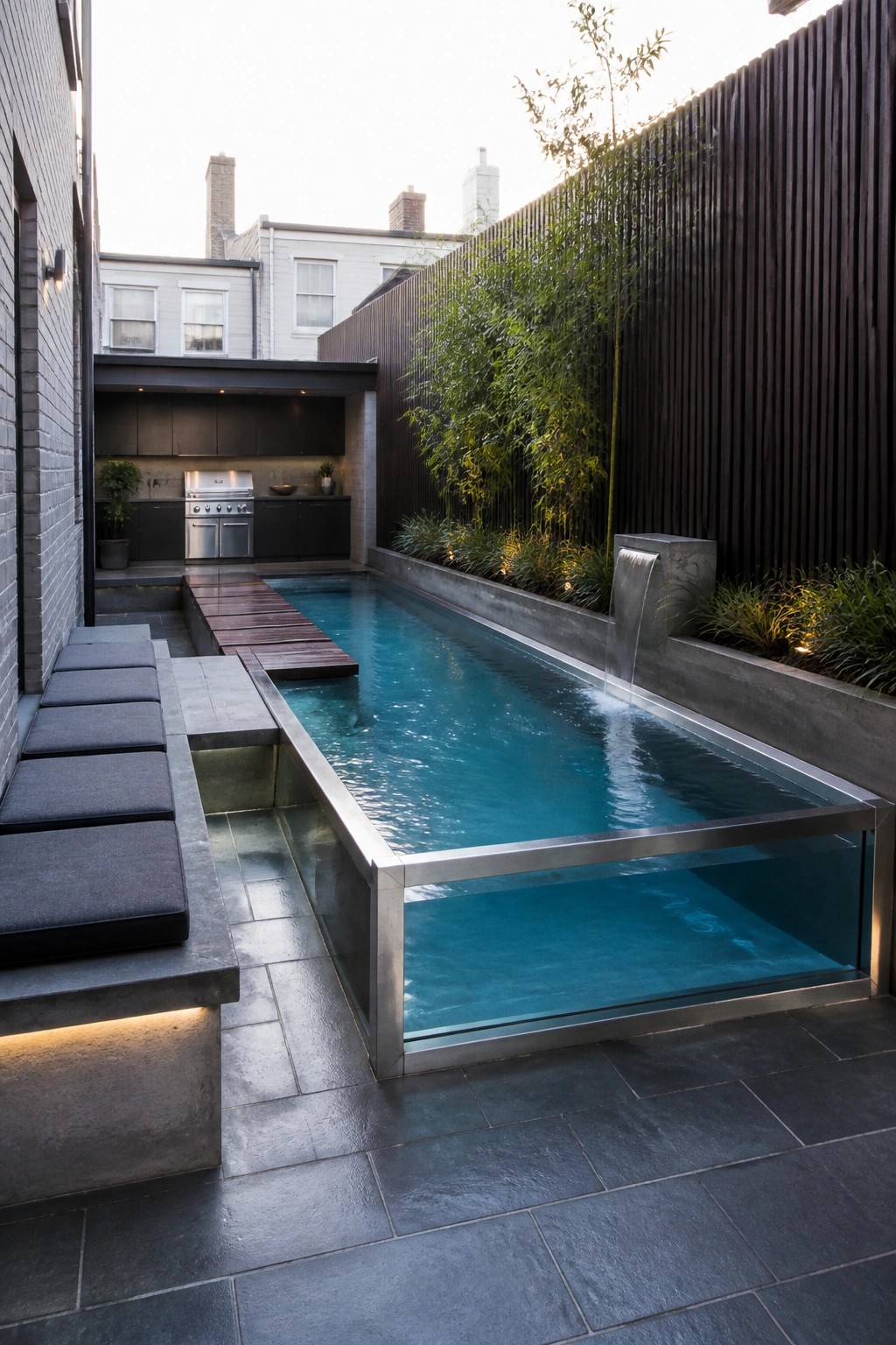 A modern rectangular above ground pool with a clear glass side panel sits in a paved courtyard beside a concrete bench and a small waterfall feature.