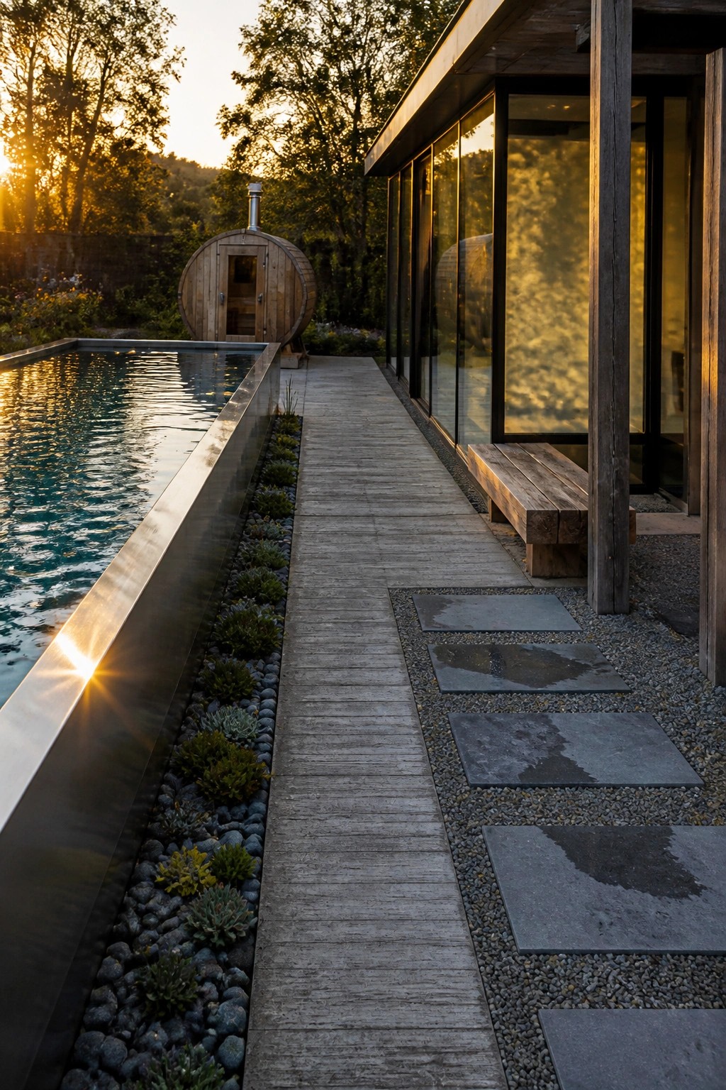 A long above-ground pool with a metal edge runs parallel to a wooden deck path, with stone stepping stones set in gravel leading toward a modern house and a barrel sauna.