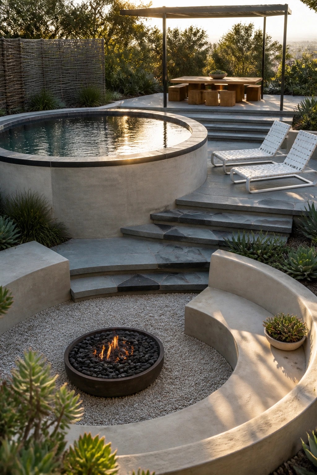 A circular above-ground pool on a raised concrete platform sits next to a sunken gravel fire pit with curved concrete seating and white lounge chairs on the upper level.