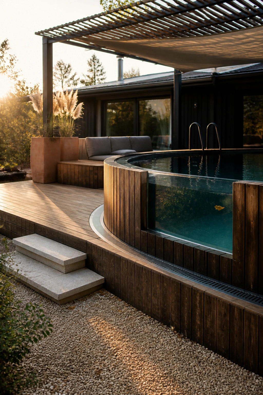 Circular pool with glass wall on wooden deck beside modern house at sunset